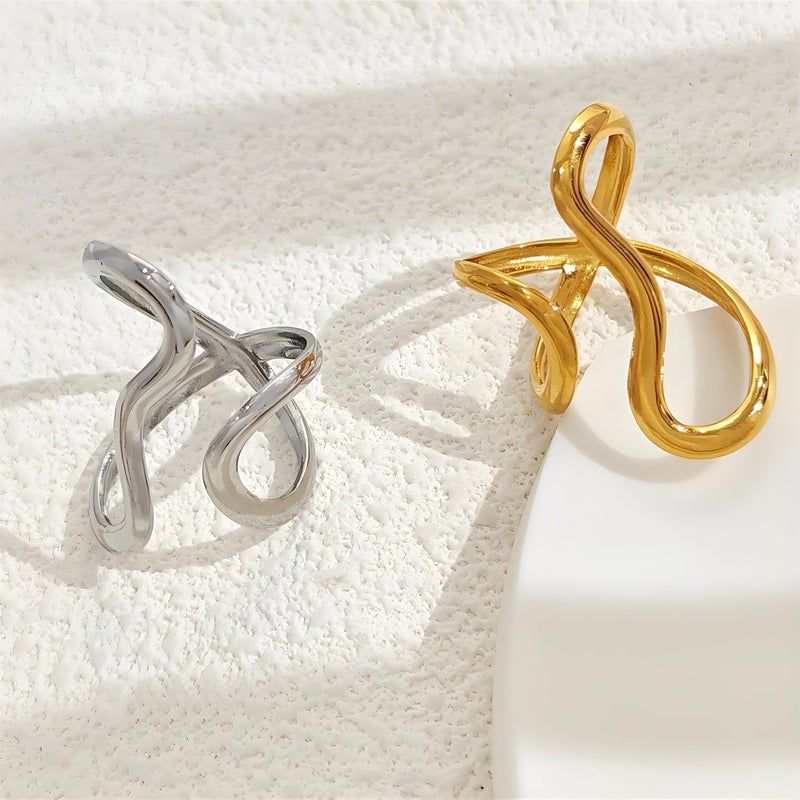 AiTURE Chunky Rings For Women, Gold Silver Thumb Ring Asymmetrical Wavy Curve Ring Adjustable Non Tarnish Dainty Stainless Steel New Year Anniversary Birthday Jewelry Gift - Image 4